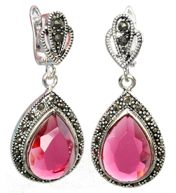 

Luxury real Genuine 925 Silver Faceted pink Crystal Marcasite Waterdrop Earring 1 1/2"