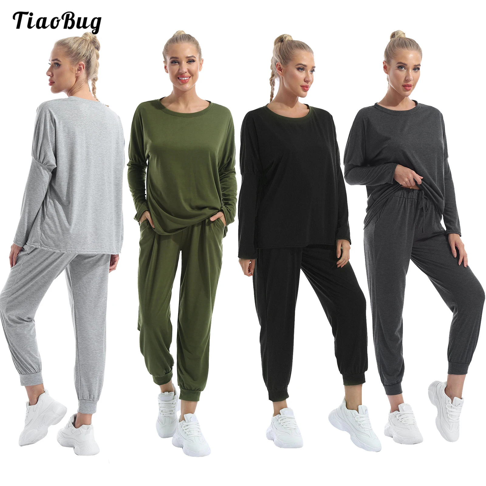 

Spring Autumn 2Pcs Women Pure Color Casual Sport Suit Round Neck Long Sleeves T-Shirt Pants Leisure Outfit For Running Fitness