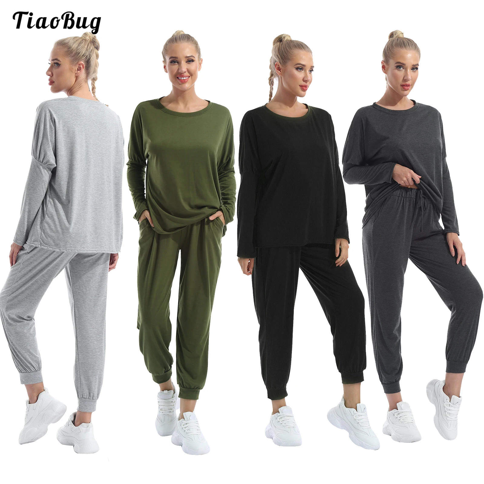 Spring Autumn 2Pcs Women Pure Color Casual Sport Suit Round Neck Long Sleeves T-Shirt Pants Leisure Outfit For Running Fitness