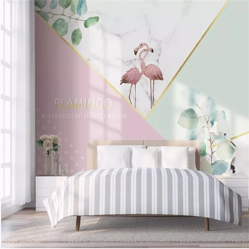 wellyu  papel de parede  3d Custom wallpaper Small fresh geometric flamingo watercolor leaves background wall papel parede