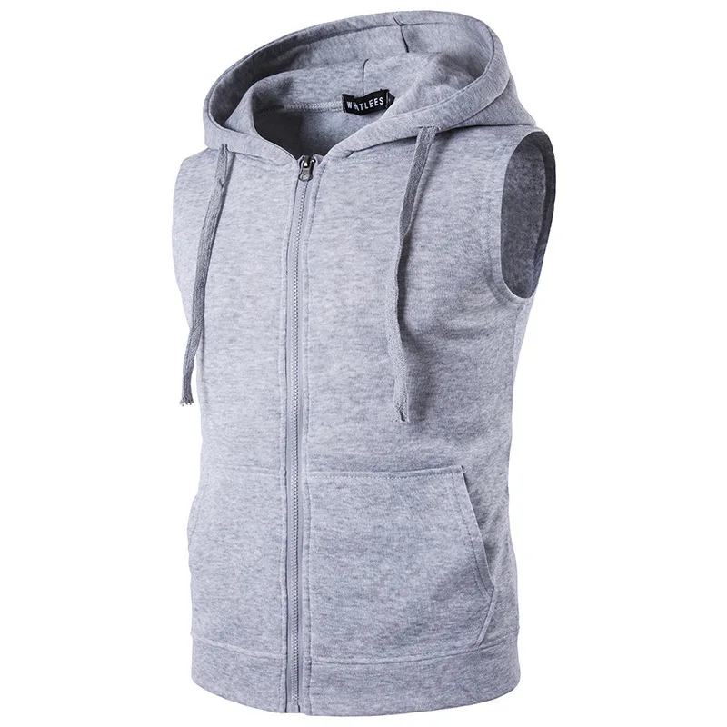 

Solid Color Men's Hooded Zipper Pocket Hoodie Vest Jacket Hooded Vest