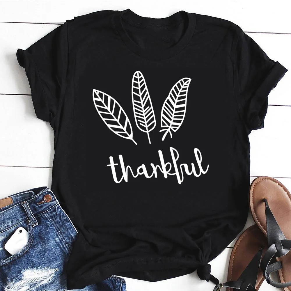 

Christian Thanksgiving Day Feather Graphic Women Slogan T-shirt Cotton Casual Vintage Aesthetic Tumblr Tee Quote Tops