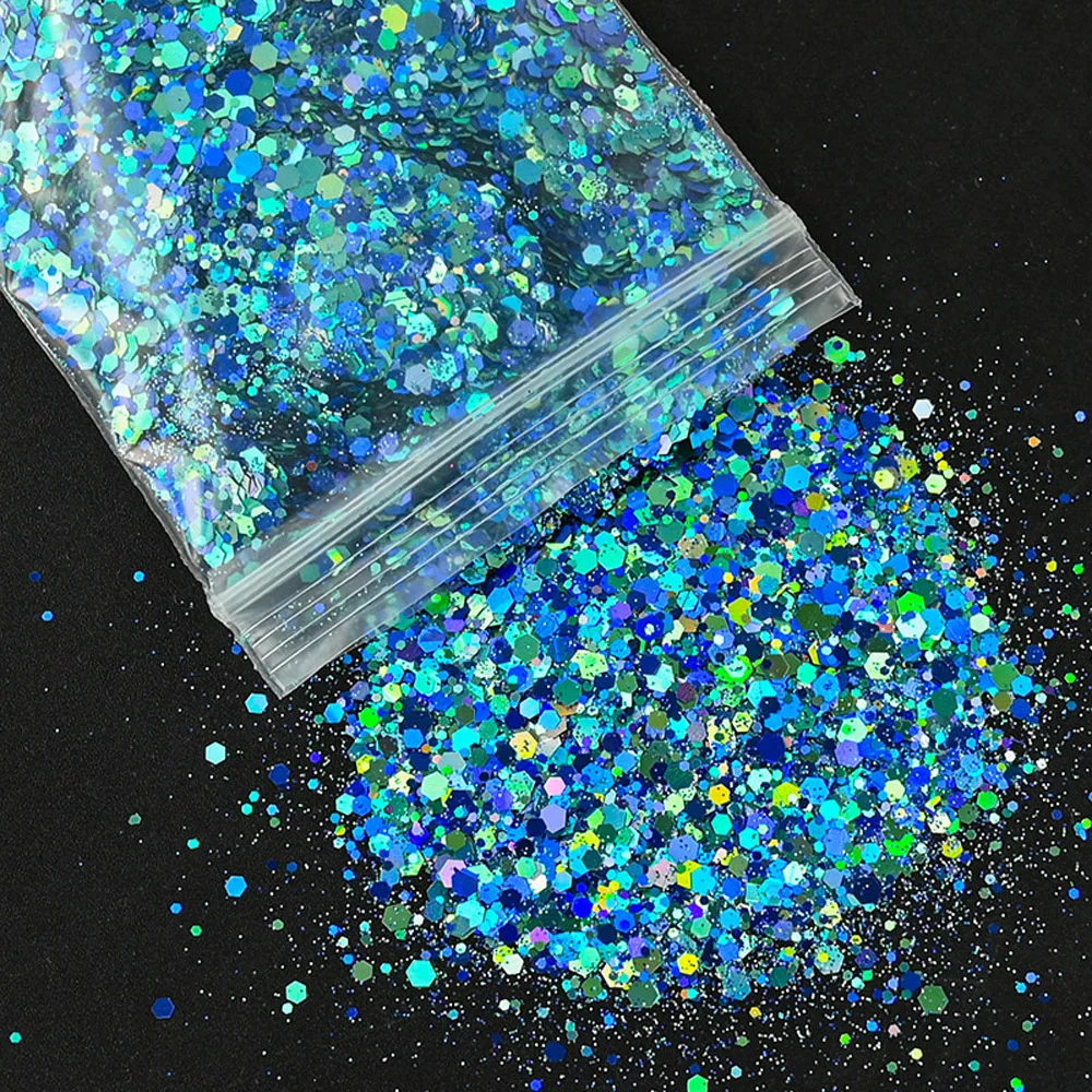 50กรัม/ถุง Holographic เล็บ Art Glitter ผสมเลื่อมหกเหลี่ยมตกแต่ง Flakes ที่มีสีสัน Chunky Symphony สีเลเซอร์ Sequins Ta #23