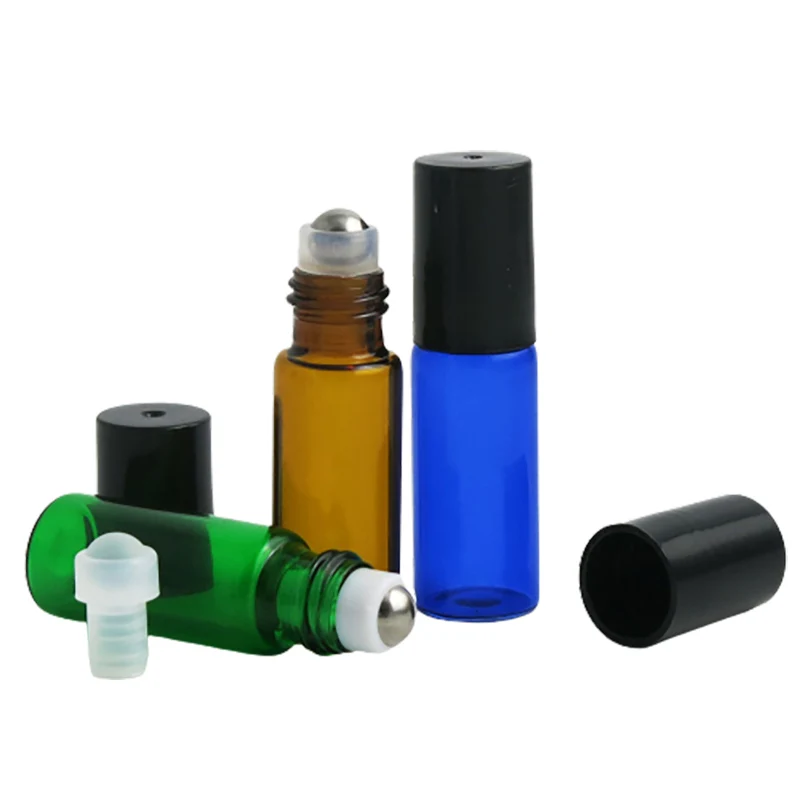 

300 x 5ml Empty Mini Glass roll on bottles for essential oils Refillable perfume bottle deodorant containers with black lid