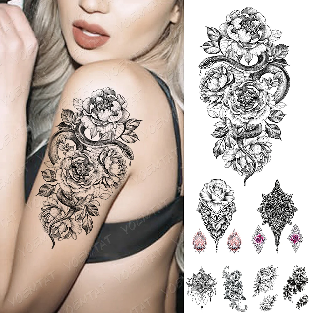 Flower Rose Peony Lace Skull Flash Tattoos Waterproof Temporary Tattoo Sticker  Snake Leaf Body Art Arm Fake Tatoo Women Men