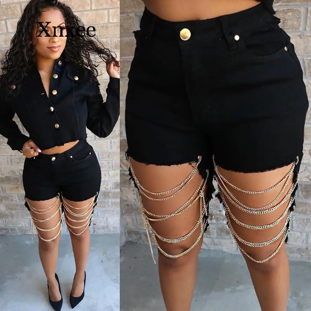 Hip Pop New Women Summer Streetwear Chain Hollow Out Black High Waist Knee Length Pants Light Denim Jeans Skinny Short Pants