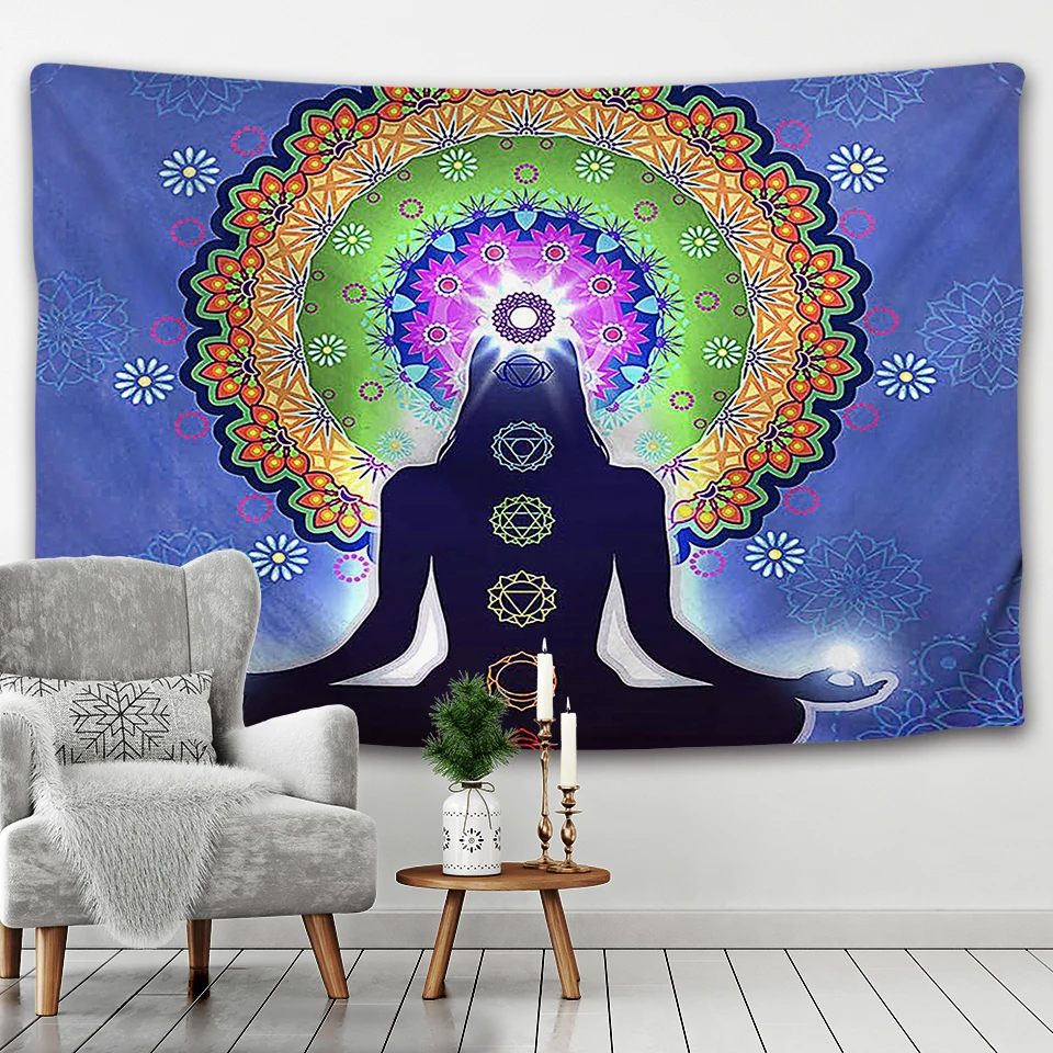 Wall Hanging Indian Buddha, Meditation 7 Chakras Tapestry Wall Hanging, Mandala Psychedelic Yoga Tapestry, Bohemian Hippie Backg