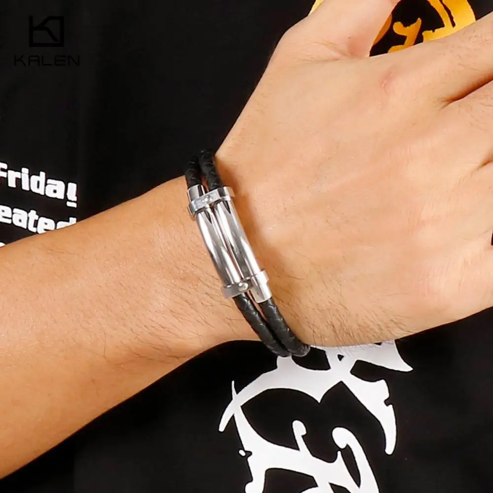 Vintag 21cm Double-Layered Leather Bracelet Men Stainless Steel  Charm Wrap Wristband e Jewelry Accessories