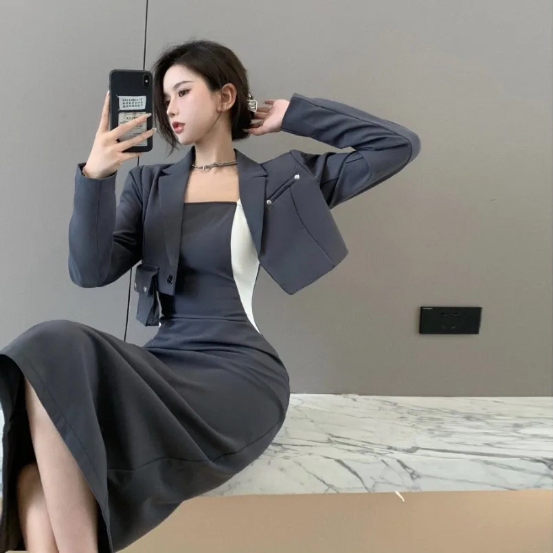 Two Piece Suit Tube Top Dress Strap Dress Women Autumn 2021 New Chic French Short Suit Jacket Fashion Office Elegant 2 Piece Set