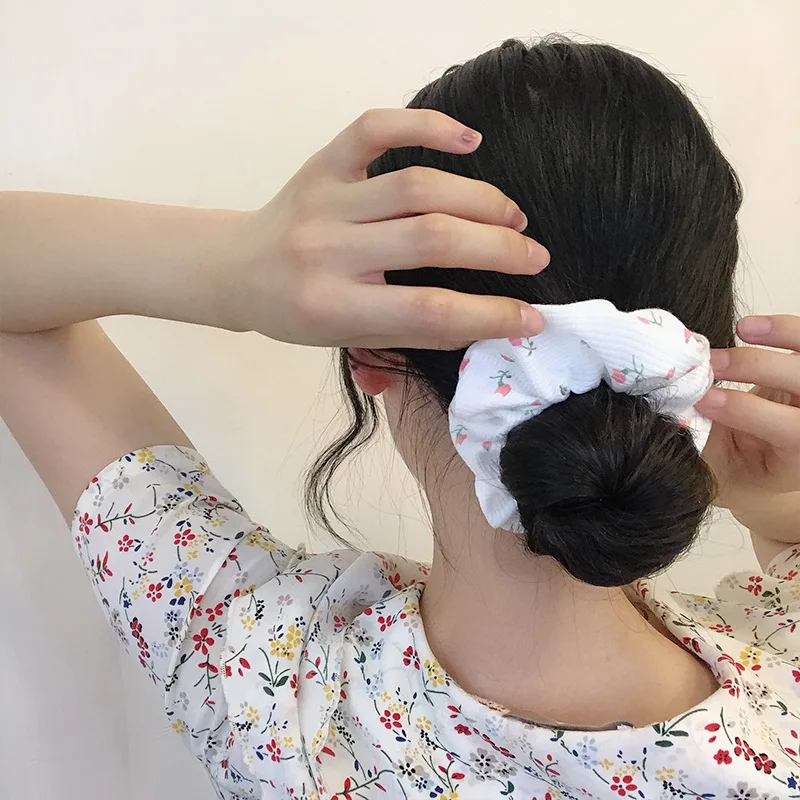 New Fashion Breathable Fabric Printed Cotton Solid Color Large Intestine Hair Tie Elastic Hair Bands Women Girls Headwear