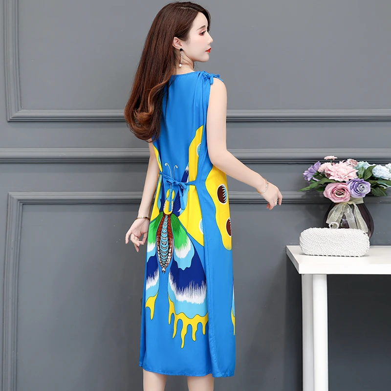 2020 Women Summer Printed Cotton Silk Dress New Large Size Sleeveless Vest Dress Comfortable Female Nightdress Home Service J413