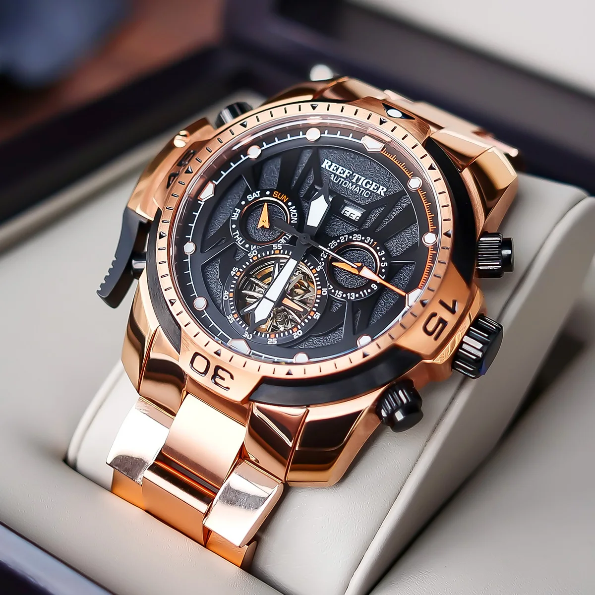 Reef Tiger/RT Sport Men Watch Complicated Dial with Year Month Perpetual Calendar Rose Gold Black Dial Bracelet Watches RGA3532