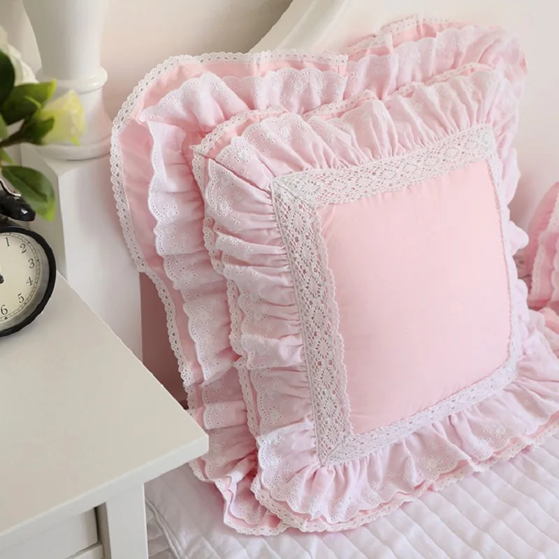 European Embroidered Cushion Cover Princess Ruffle Lace Satin Cotton Pillow Cover Backrest Lumbar Pillow Square Hold Pillow Case