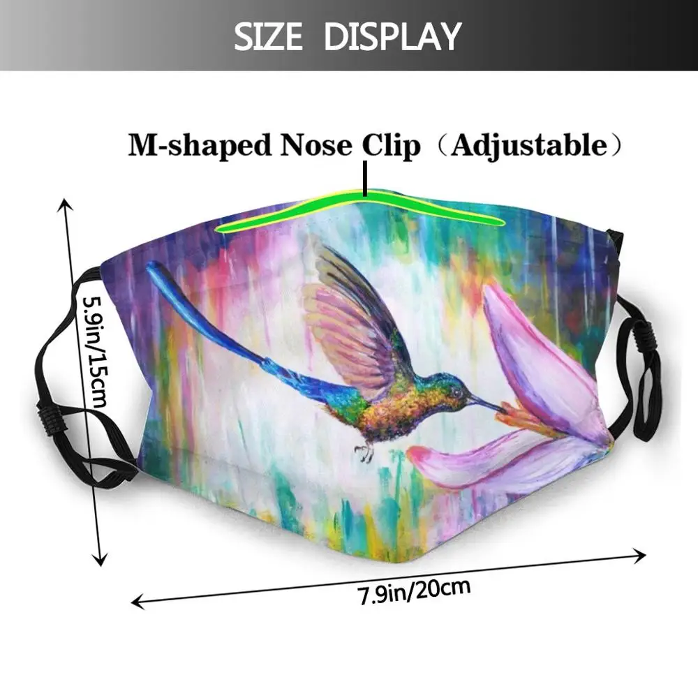 Hummingbird Print Washable Filter Anti Dust Mouth Mask Acrylic Painting Bird Humming Bird Flying Feather Colorful Flower Pink