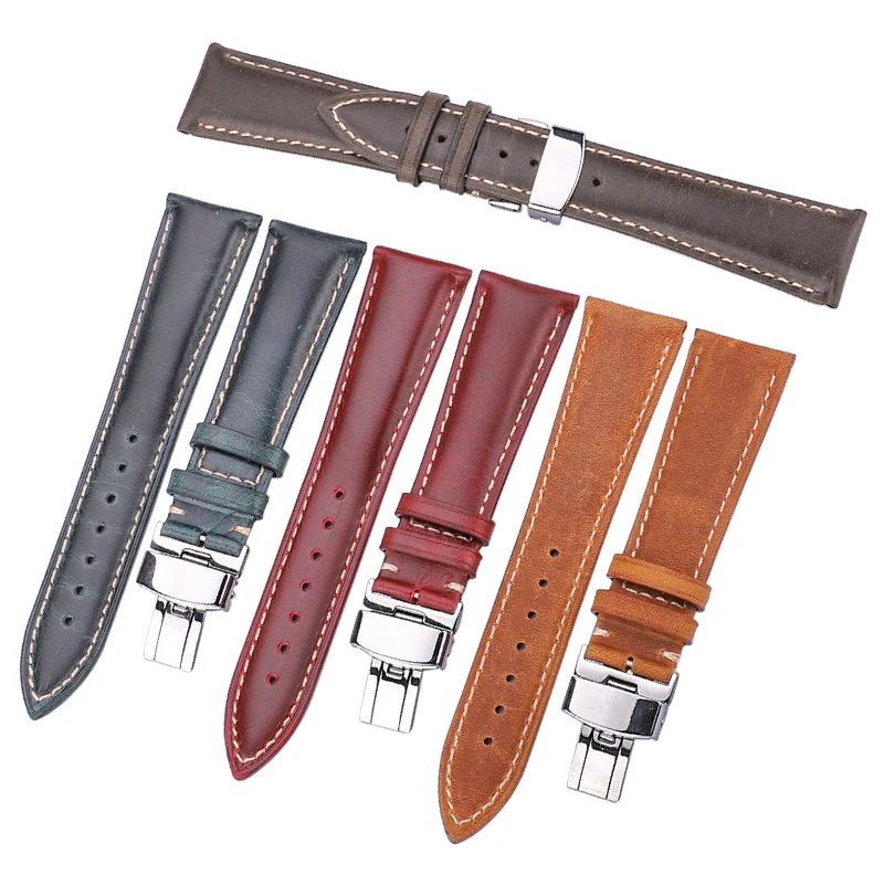 Genuine Leather Watchband Women Men Oil Wax Cowhide Watc Band Strap 18mm 20mm 22mm 24mm Blet With Steel Butterfly Buckle