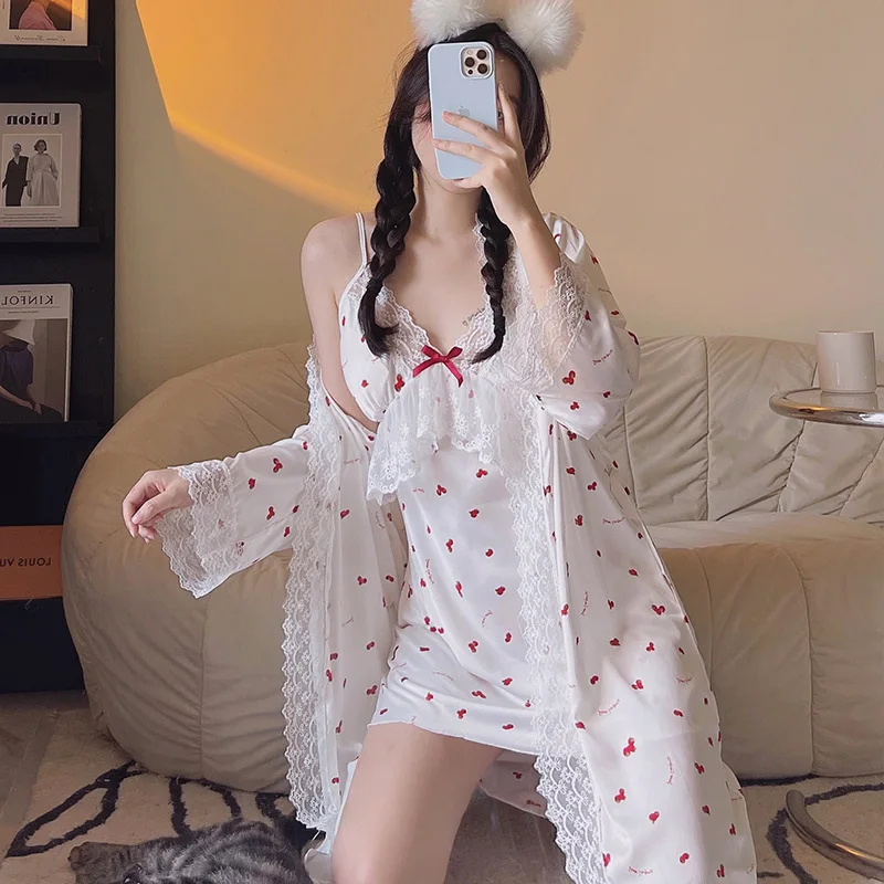 

Princess Sweetheart Lace Women Robe Sets 2PCS Sexy Strap Top Nightgown&Kimono Bride Dressing Gown Underwear Sleepwear Home Wear