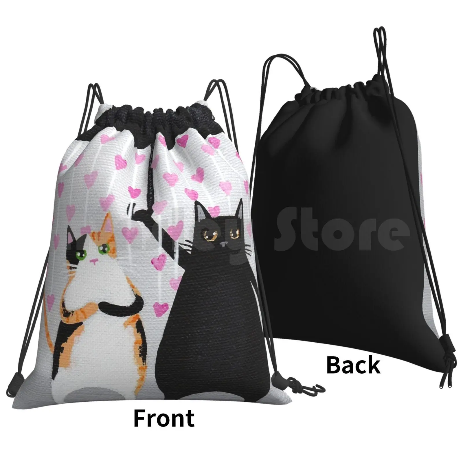 Love Rains Down Cats Backpack Drawstring Bag Riding Climbing Gym Bag Original Cat Folk Art Love Cats Hearts Raining Hearts