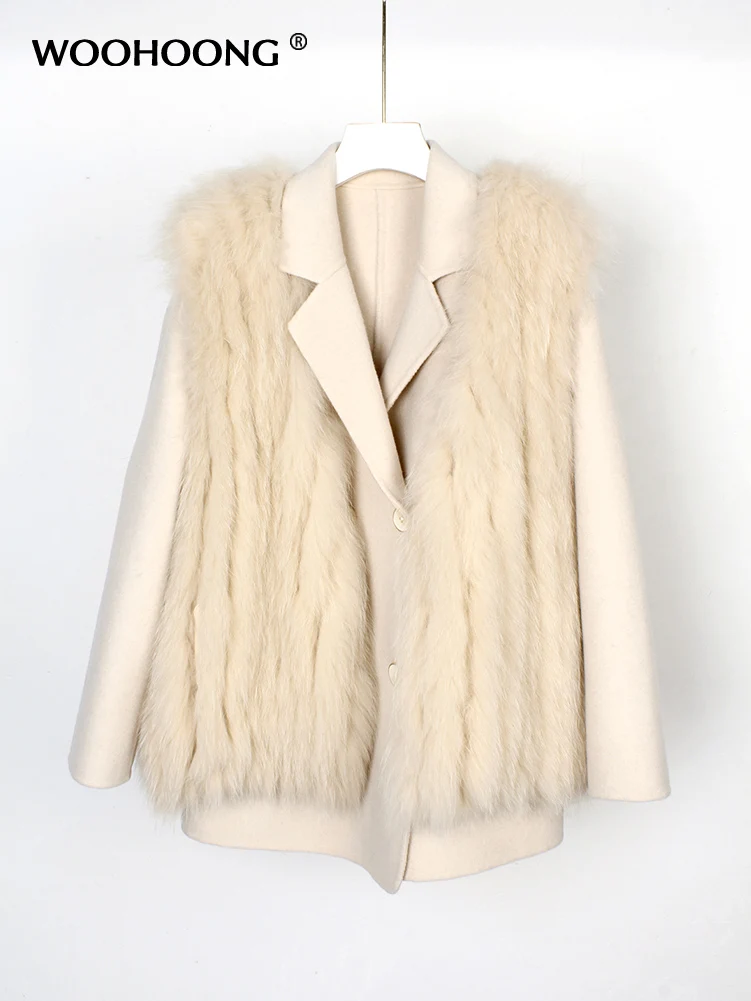 

New Genuine Real Fur Coat Natural Fox Vest Fur Strip Sewed Toghter Double-faced Woolen Coat And Cashmere Coat Two-piece Suit