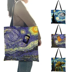 Fashion Handbag Starry Night Painting Van Gogh Tote Bags Women Reusable Shopping Convenience Bags Traveling Beach Folding Bags