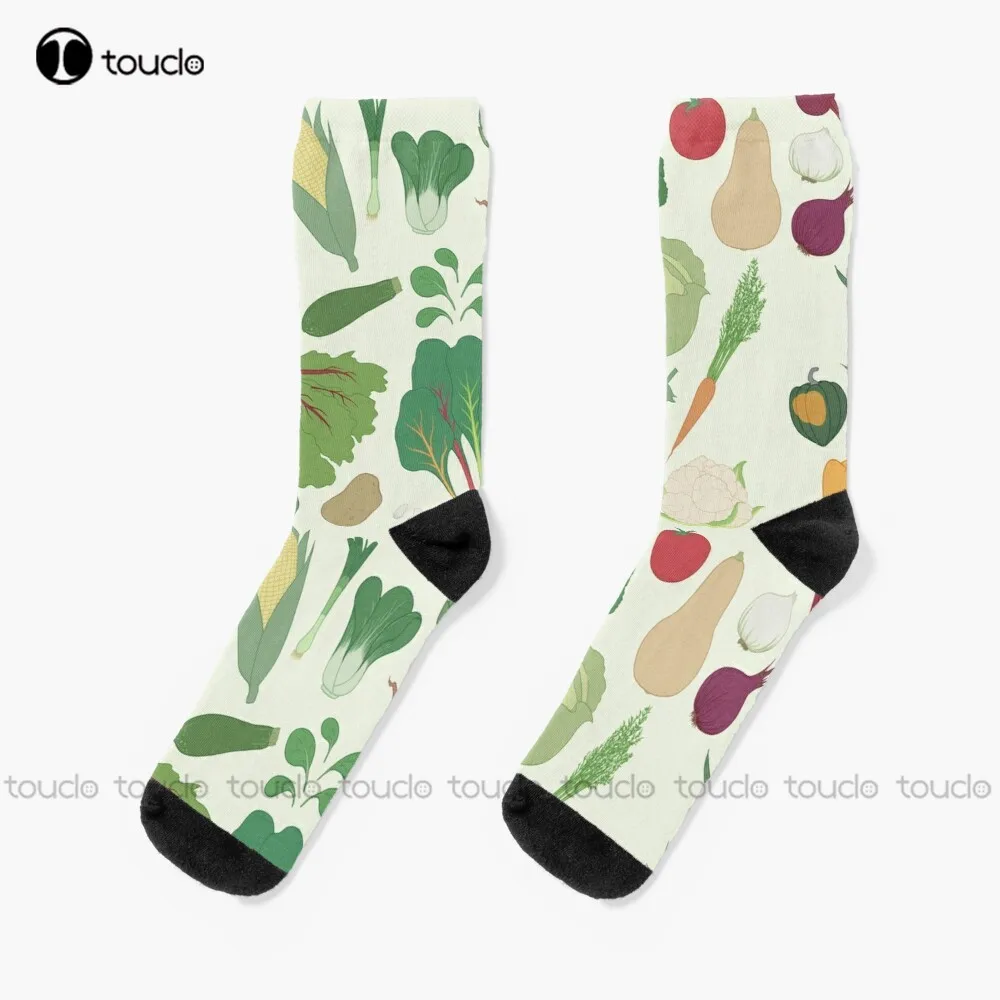 

Vegetables Healthy Tomato Corn Zucchini Carrot Eggplant Socks Mens Black Crew Socks Personalized Custom 360° Digital Print