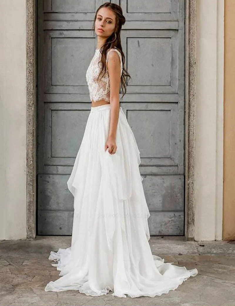 Vestido de novia bohemio de 2 piezas, vestido de novia de playa de encaje sin mangas, elegante, de gasa