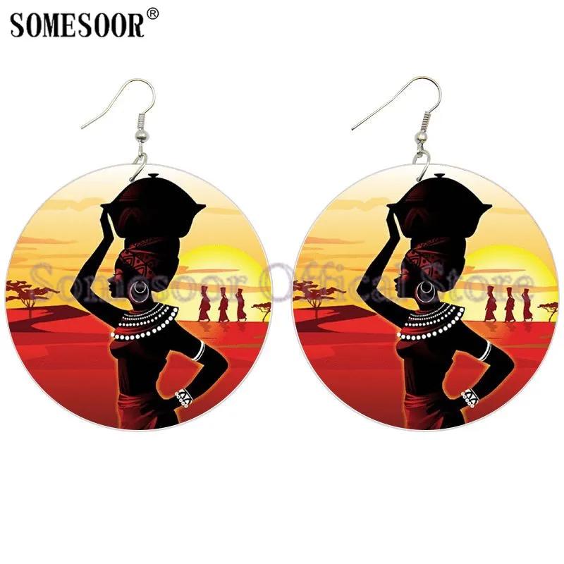 SOMESOOR African Ethnic Headwrap Woman Wooden Drop Earrings Black Sister Tribal Designs Loops Both Sides Printed For Women Gifts