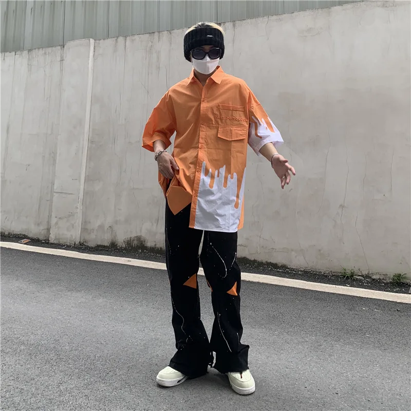 ICCLEK High Street Loose Jeans Zipper Slit Flared Pants Men's Pants Casual Black Denim Pants Stacked Jeans  Men Jeans Pants