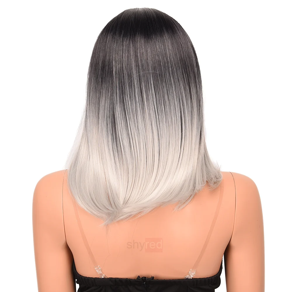 Ombre Grey Synthetic Wig with Dark Roots Short Bob Wigs for Women Black to Grey Wine Bob Ombre Wig Heat Resistant