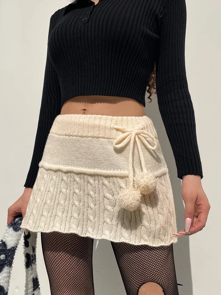 ALLUKASA Knitted Low Waist Y2K Short Skirt Preppy Style Cute Girl Streetwear Aesthetic Fairycore Drawstring Womens Skirts