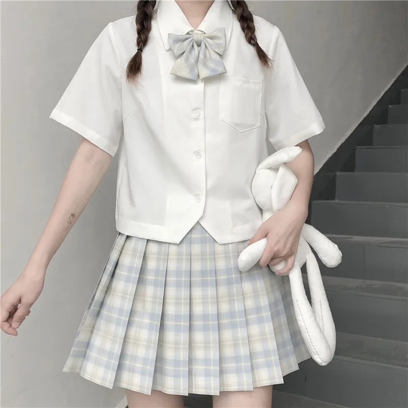 Full set Kanto Neck School Girl Uniform Pleated Skirts School Uniform High Waist A-Line Plaid Skirt Sexy JK Uniforms for Woman