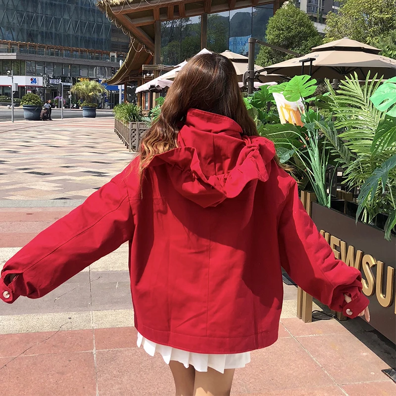 Baseball uniform red jacket female 2020 new spring and autumn Korean version of Harajuku students loose lotus leaf hooded toolin