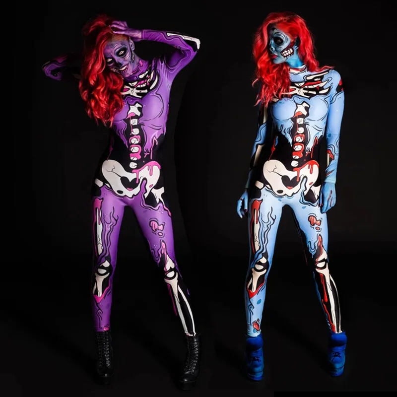 2020 Người Lớn Đồng Hồ In Halloween Cosplay Nữ Ma Jumpsuit Buổi Tiệc Hiệu Suất Đáng Sợ Trang Phục Bodysuit