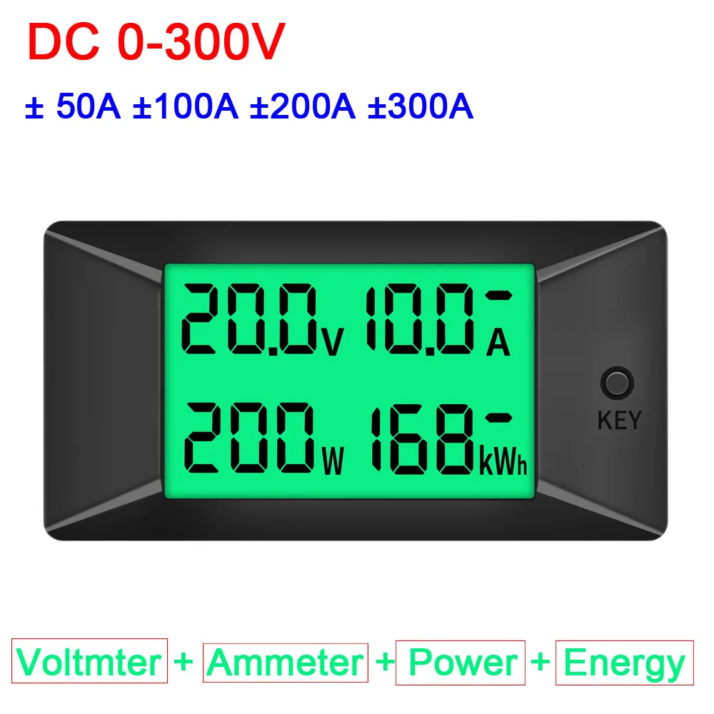 4IN1 DC Цифровой Измеритель постоянного тока 0 ~ 300V ± 50A 100A 200A 300A Voltmter Амперметр Мощность электрической энергии заряда-разряда тестер 12V Мощность
