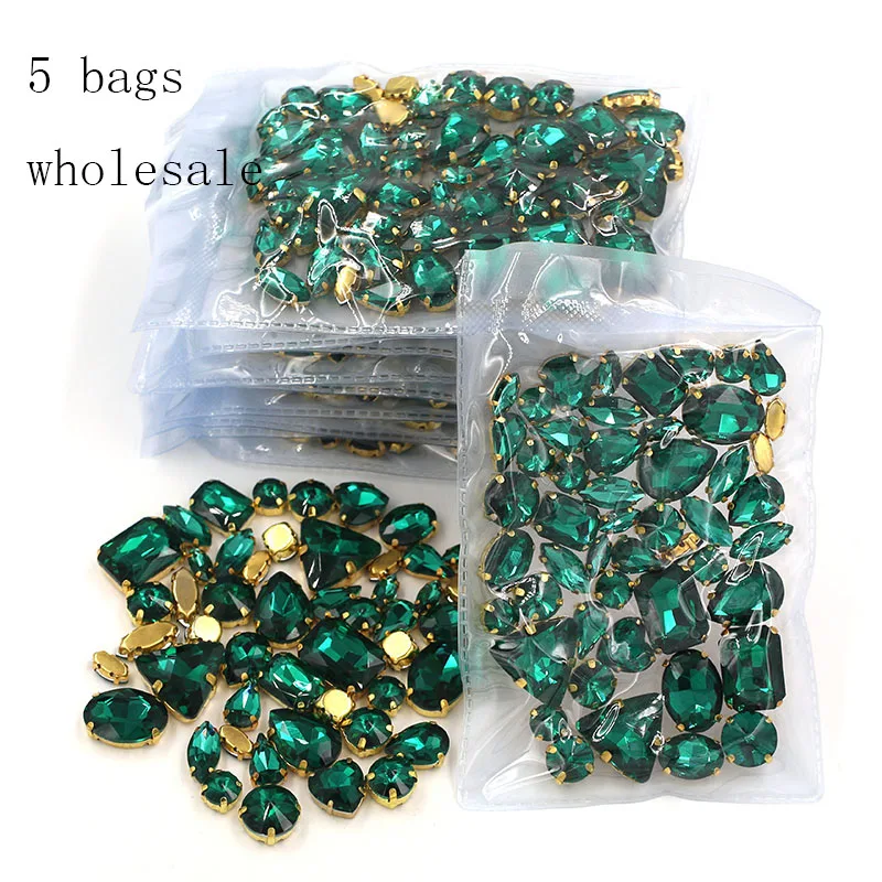 Wholesale 5 bags mixed shape sew on glass Malachite Green gold base rhinestones diy dress/Clothing accessories