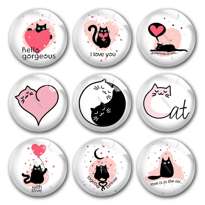 Handmade Lovely Cute Cat Pet Valentine's Day Round Photo Glass Cabochons Demo Flat Back DIY Jewelry Making Findings Accessory