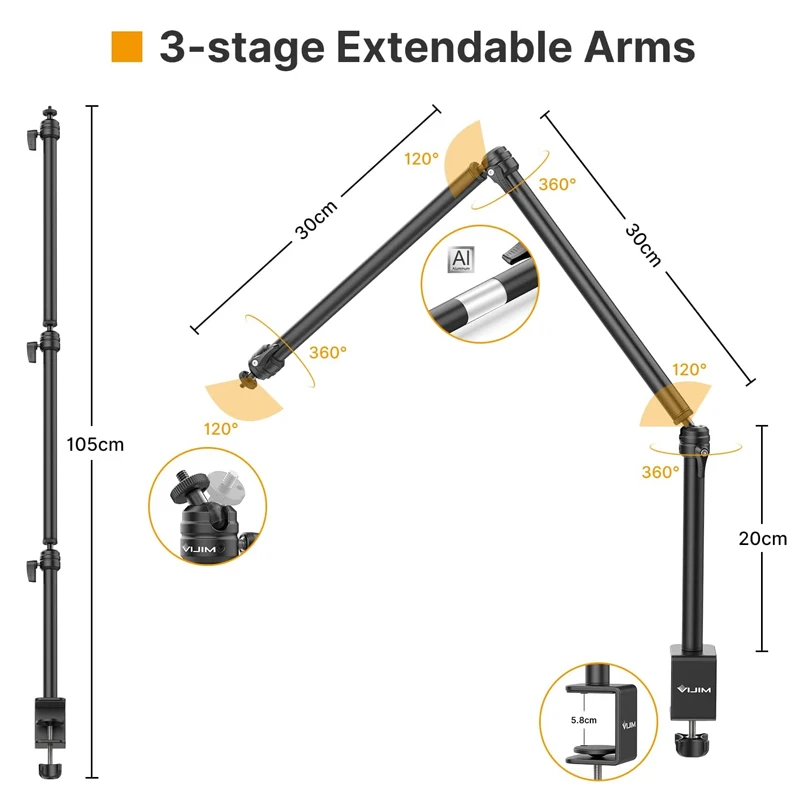 VIJIM LS08 Desk C-Clamp Mount Light Stand Boom Arm Three Section Extension Arm 1/4