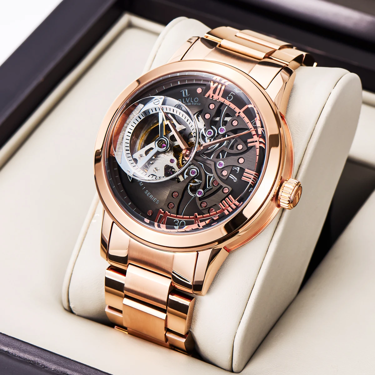 OBLVLO Jam Tangan Skeleton Desain Baru Jam Tangan Otomatis Rose Gold dengan Kristal Safir Relogio Masculino VM