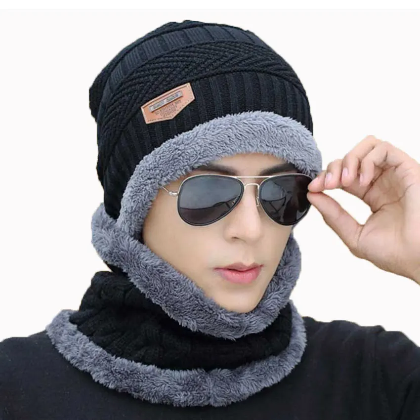 

Winter Men Hat And Scarf Set For Women Cap Ring Scarves 2 Pcs Suit Soft Stretch Cable Knitted Beanie Icon Cap Adult Warm Suit