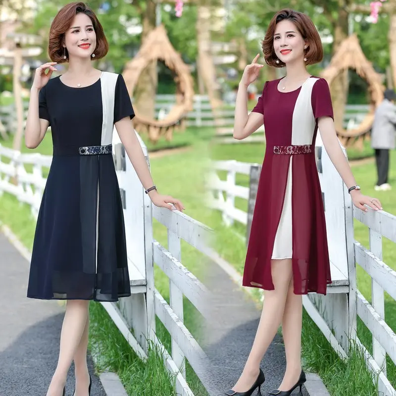 

NEW Summer Elegant Patchwork Mid-Length Korean Style O-Neck Women Chiffon Cocktail Dresses Vestidos