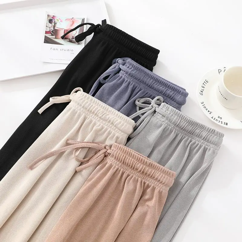 Mopping Wide-Leg Pants 2022 Women\'s Spring and Summer Drawstring Loose Elastic Ice Silk Trousers Large Size Ice Silk Trousers