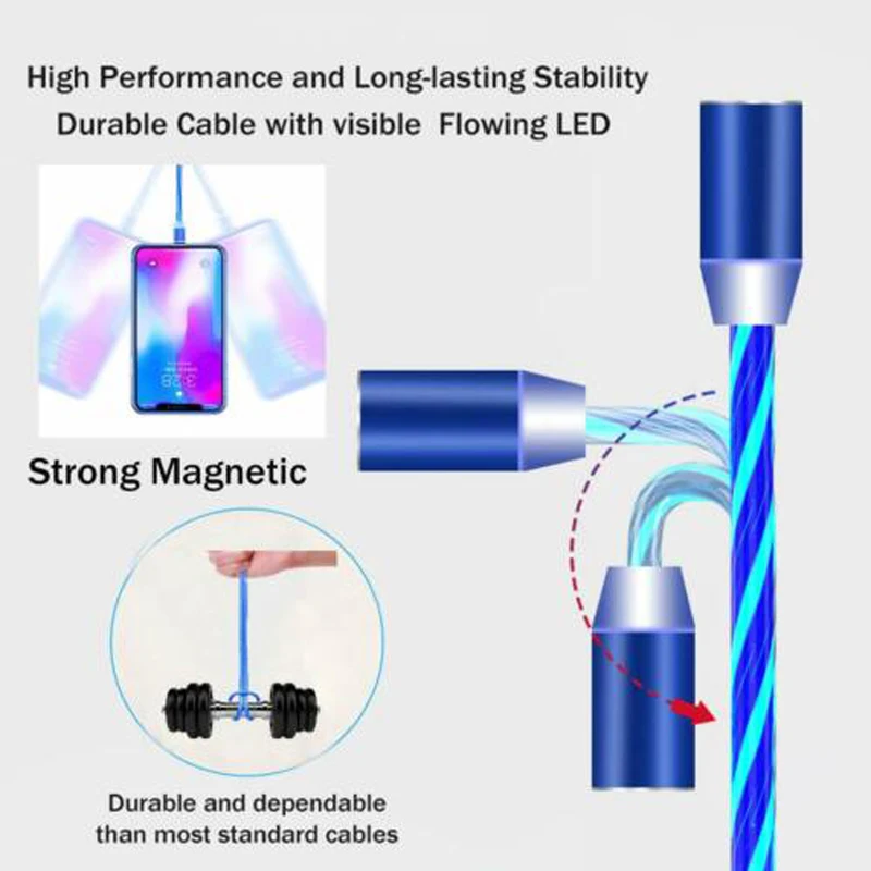 Magnetic Cable Flowing Light LED Micro USB Cable For Samsung  Type-c Charging For iPhone Magnet Charger Type C Cable Universal