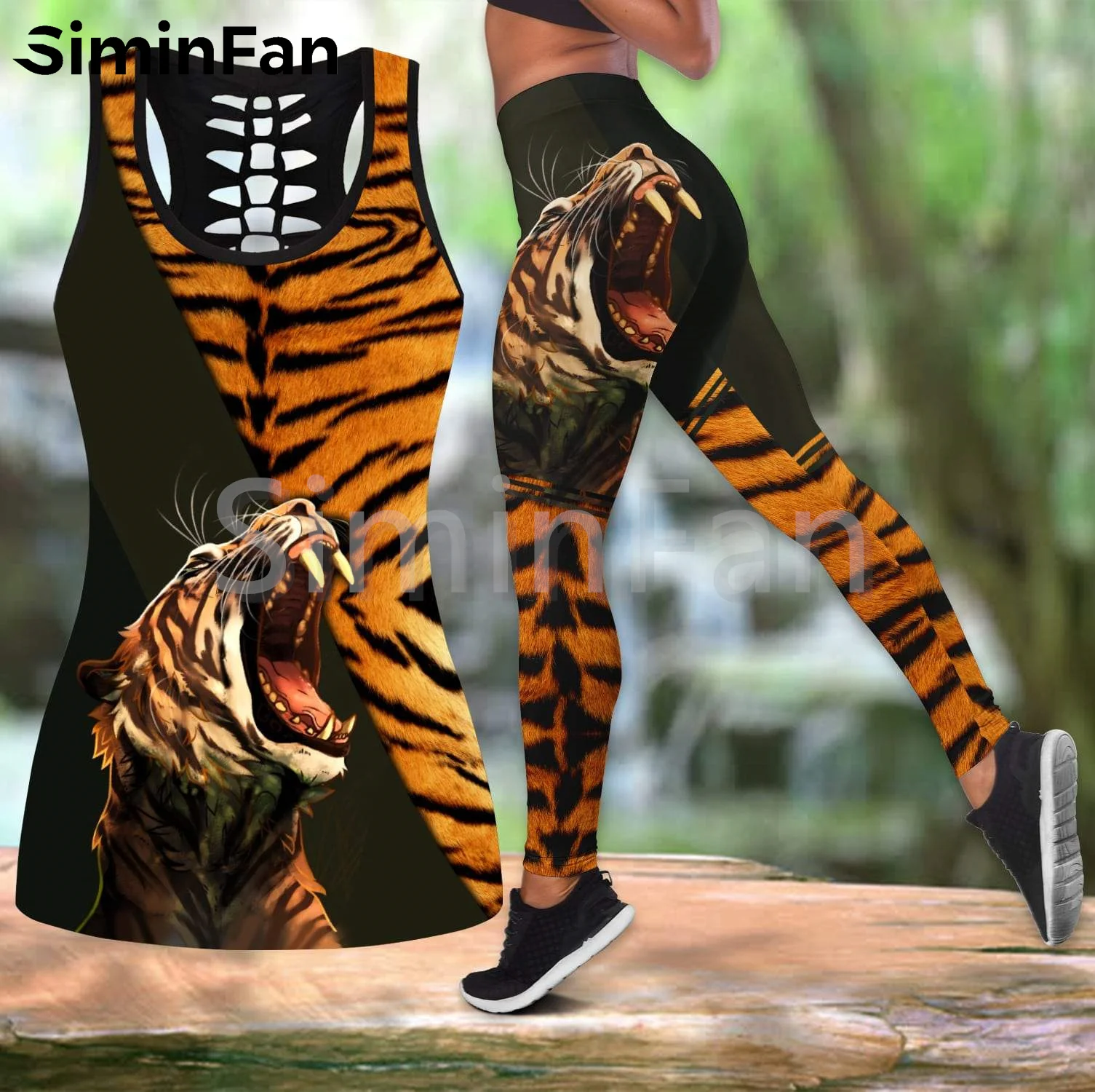 Beautiful Tiger Skin Combo Outfit Two Piece Yoga Set Women 3D Print Hollow Out Tank Top Legging Summer Vest Casual Pant Suits 02