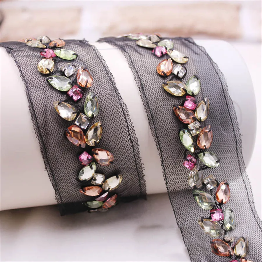 1Yard 30mm Diamond Beaded Handmade Lace Edge Trims Wedding Dress Belt Sash Ribbon Bridal Applique Fabric Sewing Craft DIY