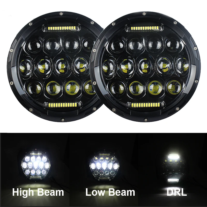 LED Round Headlight 7 inch 2PCS  E-MARK Approved 6000K Hi/lo Beam lamp Halo for Jeep Wrangler JK TJ LJ Harley-Bike