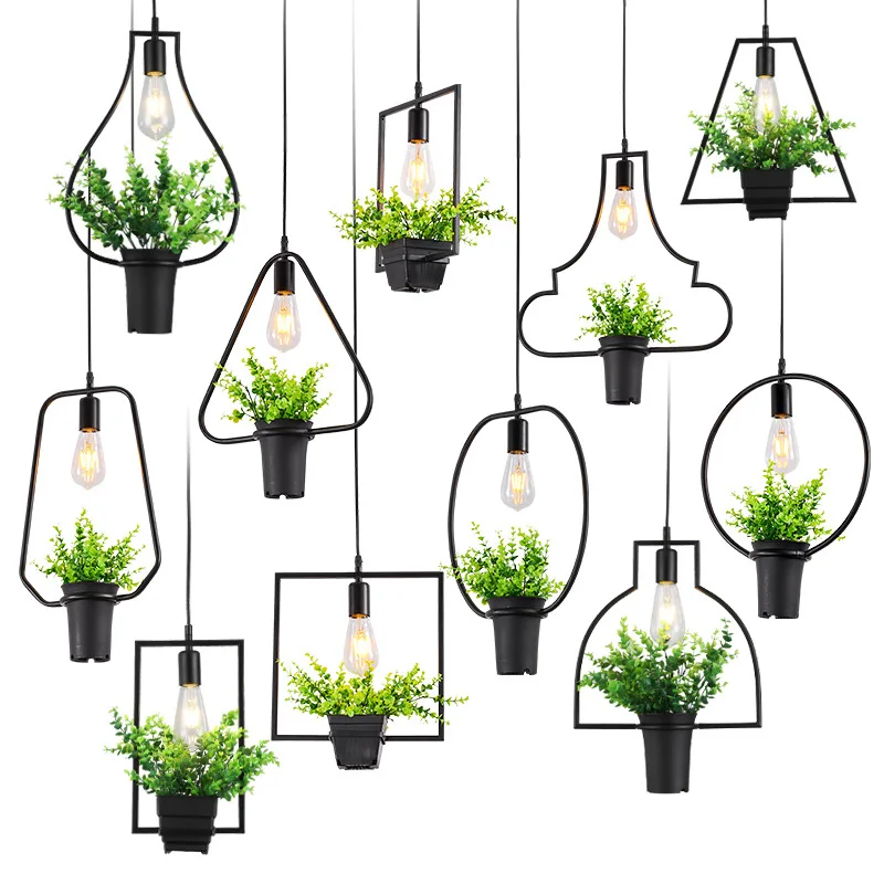 Personality geometric wrought iron fake plant pendant lamp indoor bar restaurant restaurant balcony hotel apartment hanging lamp