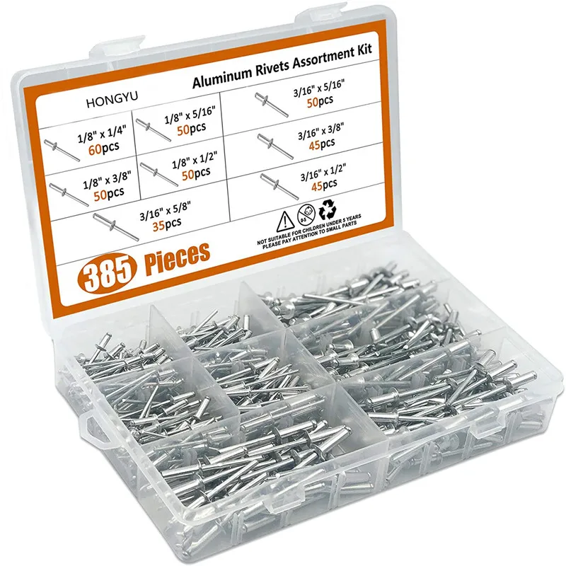 385Pcs อลูมิเนียมโดมหัวตาบอด Pop Rivets M3.2 M4ชุด Rivets เล็บเปิด Blind Rivets สำหรับเฟอร์นิเจอร์รถเครื่องบิน