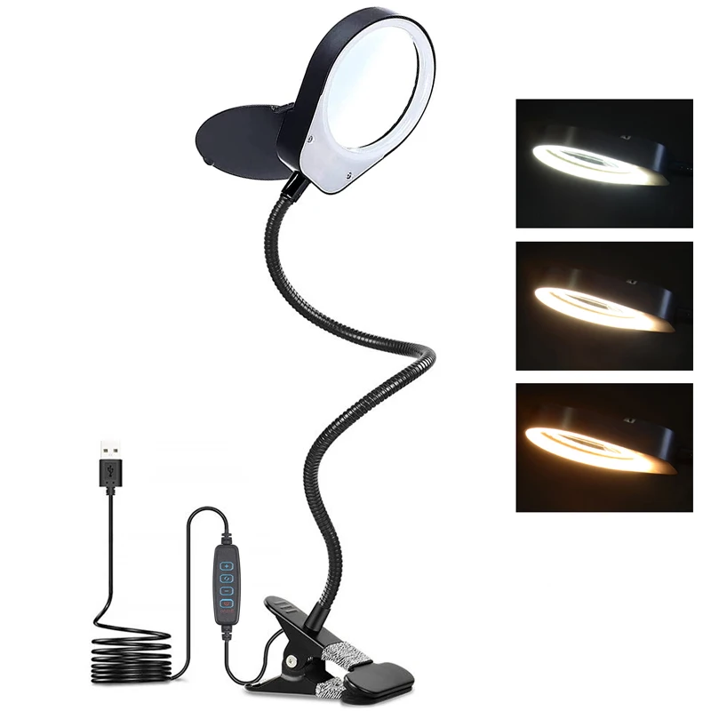 Flexible USB 3 Colors Lamp Magnifier Clip-on Table Top Desk LED Reading Large Lens Illuminated Magnifying Glass Desk Lamp