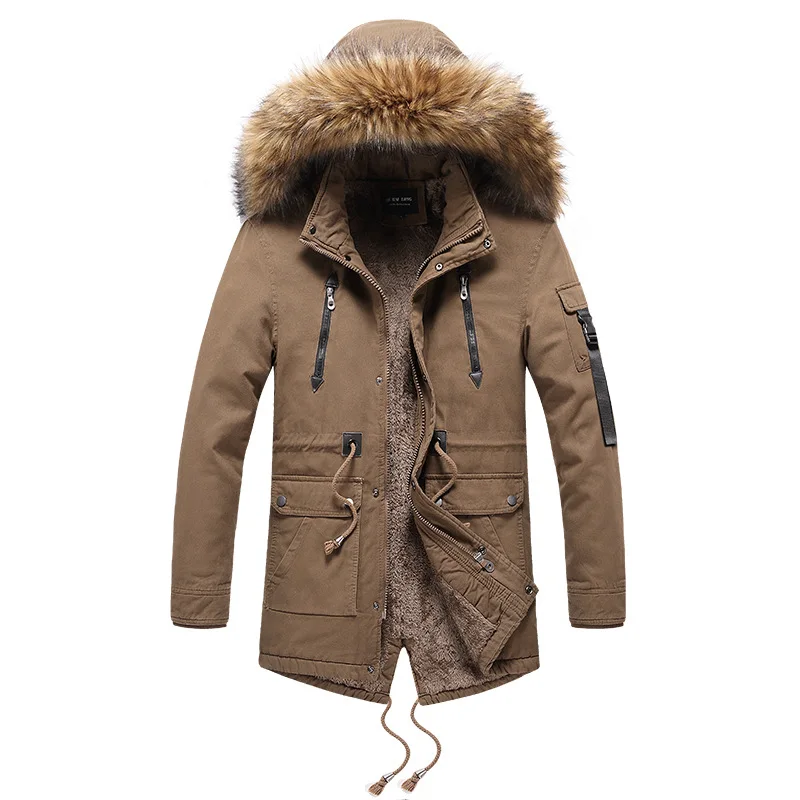 Mooie Nieuwe Winter Parka Jas Mannen Mid-Length Hooded Bontkraag Fluwelen Dikke Windjack Uitloper Wol Liner Warme Overjas mannen