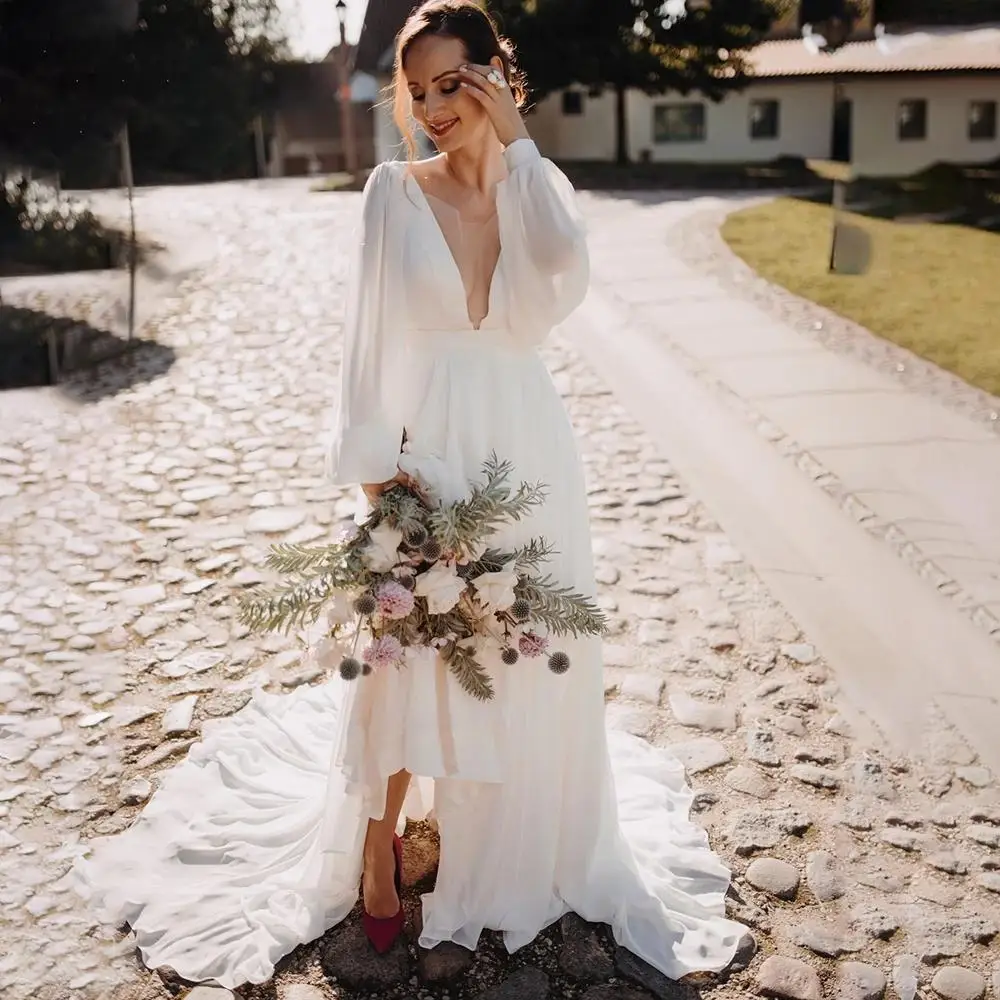 Vestido De novia De gasa De manga larga, bohemio, sencillo, para playa, espalda abierta, cuello en V, talla grande, 2022