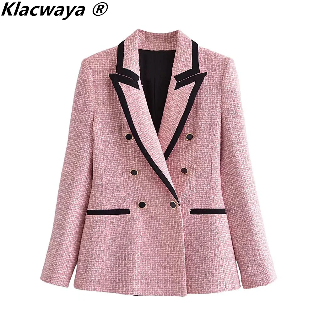 Klacwaya Women\'s Jacket Textured Tweed Suit Blazer Vintage Double Breasted Jackets For Women 2021 Autumn Female Checked Blazerrs